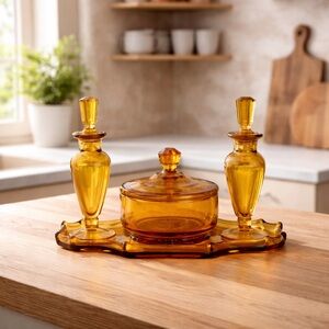 Paden City Elegant Glass Amber Vanity Set (Tray, Powder Box & 2  Perfumes)